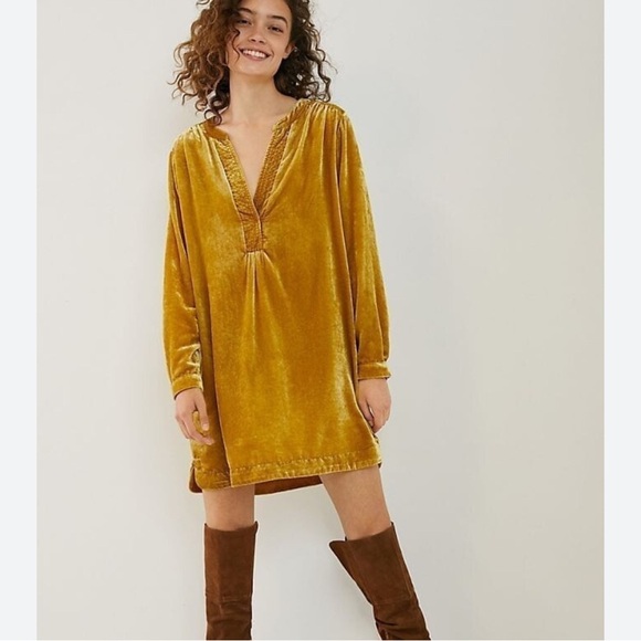Anthropologie Melody Velvet Tunic Dress w/pockets Mustard XS - Picture 1 of 9